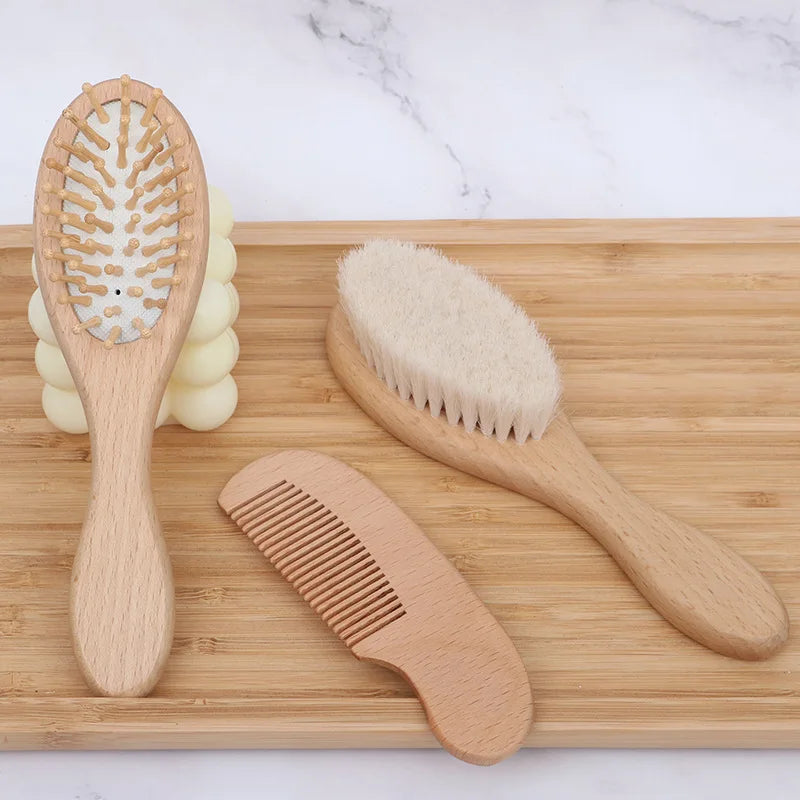 Wooden Hairbrush, Comb, Natural Wool Brush for Babies